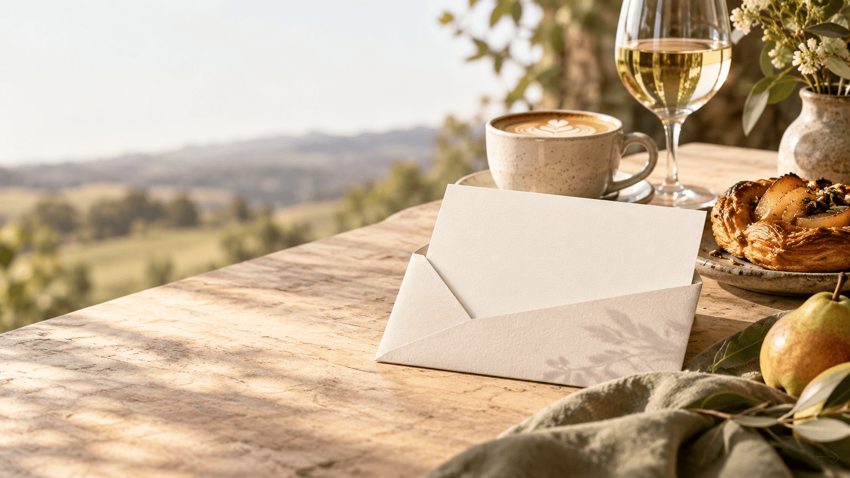 Gift voucher envelope beside artisan coffee, local wine, pastry and fresh produce overlooking the Central Victorian countryside