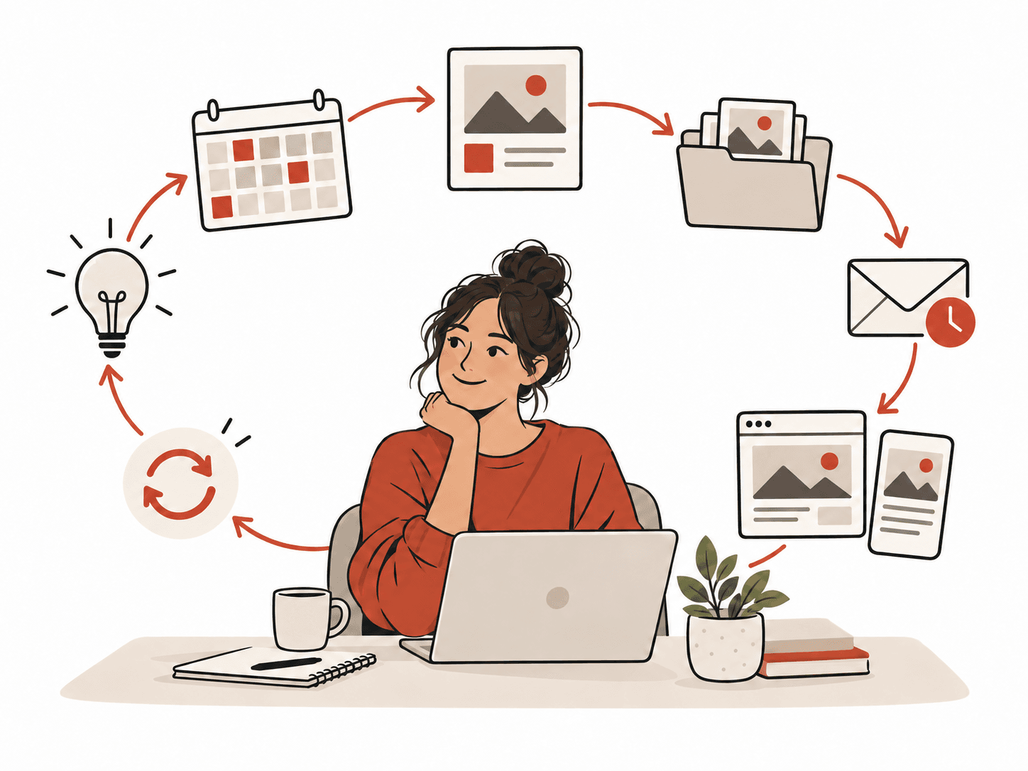A small-business marketing system connecting content ideas, planning, templates, scheduling and reuse